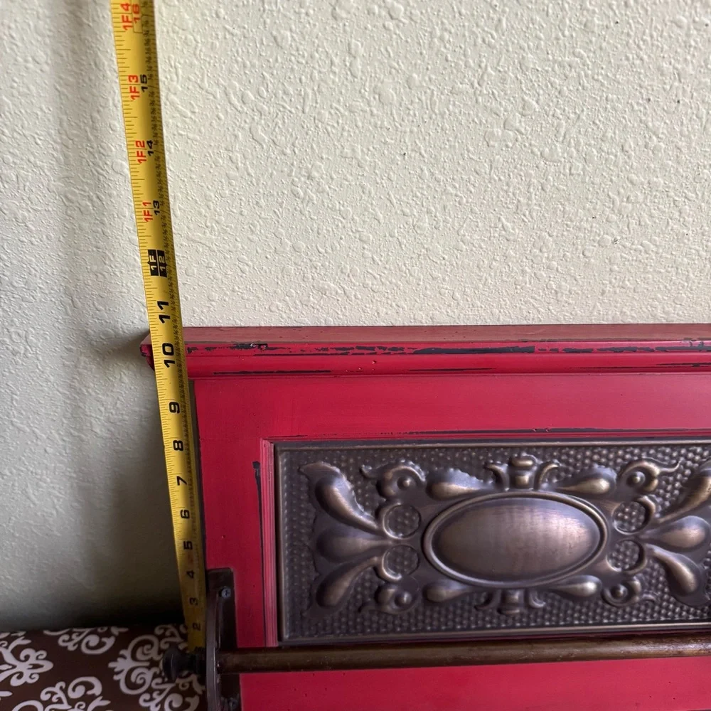 Vintage Red Wall Shelf with Metal Accents